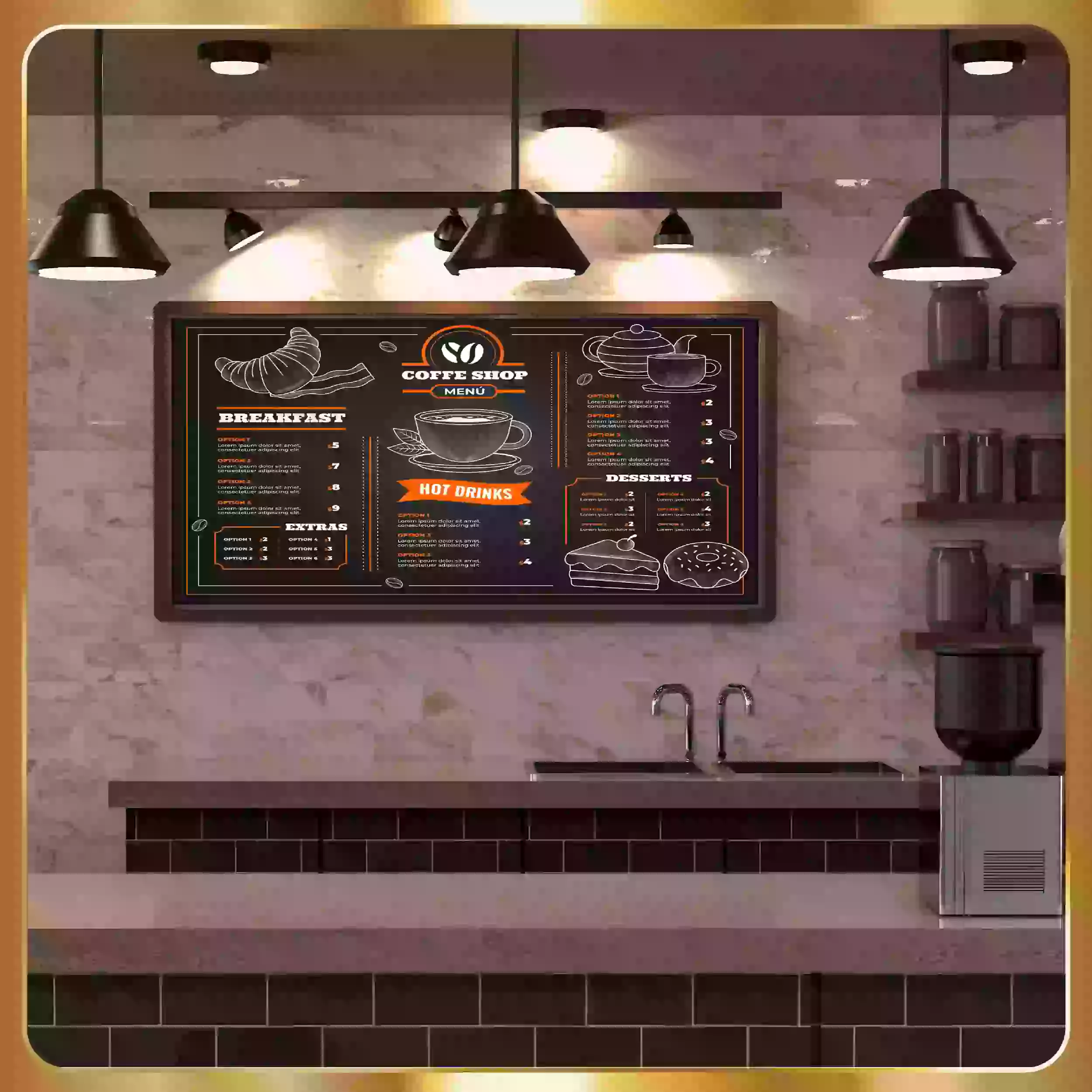 A coffee shop with a menu on the wall.